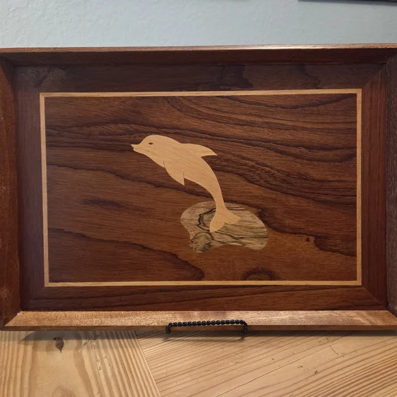 Vintage Marquetry Dolphin Inlay Design Wood Serving Tray - Picture 2 of 4